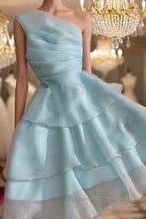 Elegant Blue A-line One Shoulder Mini Short Semi Formal Prom Homecoming Dresses